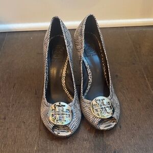 Tory Burch Julianne python embossed leather open-toe wedge pumps